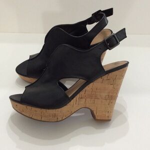 FRANCO SARTO Black Platform Wedge Leather Sandal